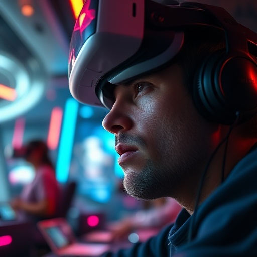 Lost in the Digital Realm: A Man’s Intense Focus in a Futuristic VR Experience