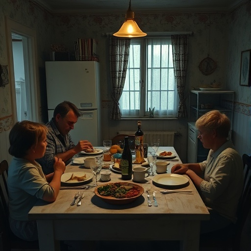 Cozy Family Dinner Under Dimly Lit Sky