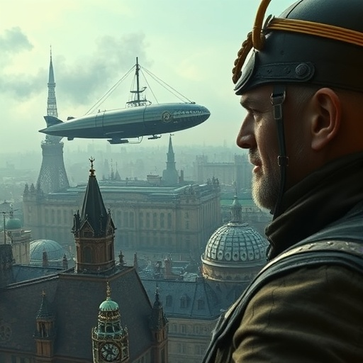 Steampunk Dreams: A Man Gazes at a Majestic Dirigible