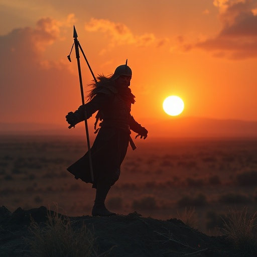 Silhouetted Warrior at Sunset: A Dramatic Epic