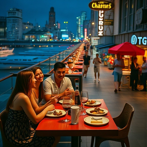 Friends Enjoy a Cozy Night Under the City Skyline