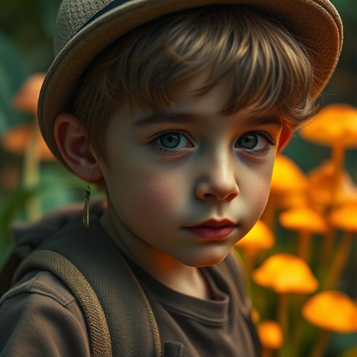 A Moment of Wonder: A Boy’s Pensive Gaze Amidst Blurry Mushrooms