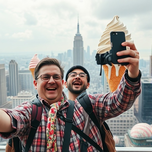 Cityscape Smiles: Two Friends Enjoying a Sweet Treat