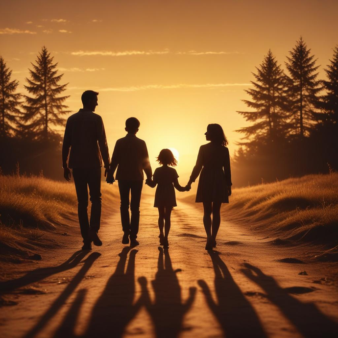 Silhouettes of Hope: A Family Walks Towards the Sunset