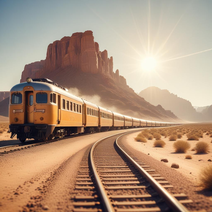 A Yellow Train Chugs Through the Desert Under a Blazing Sun