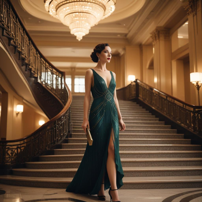 Glamour Descending: A Woman in Green Captures the Essence of Vintage Elegance