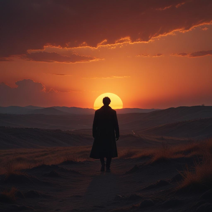 Silhouette of Hope: A Lone Figure Walks Towards the Setting Sun