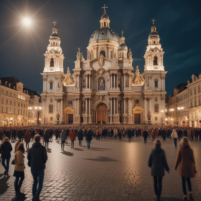 Moonlight Majesty: A Crowd Gathers Under the Watchful Eye of a Grand Church