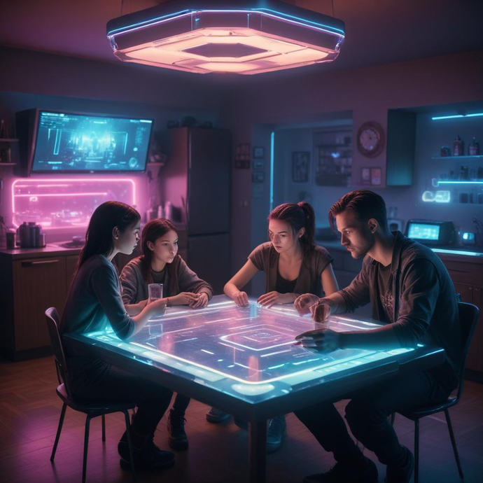 Neon Dreams: A Mysterious Gathering in a Futuristic Kitchen