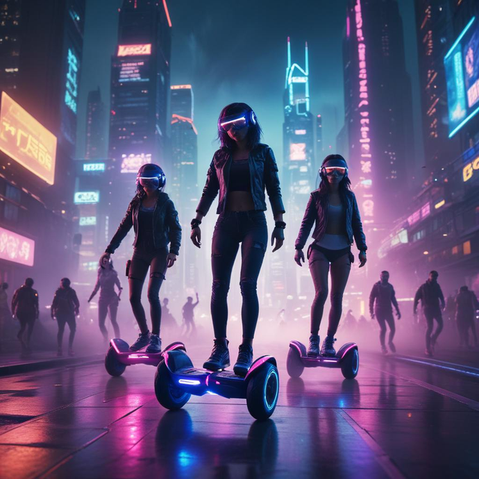 Neon Nights: Cyberpunk Hoverboard Riders Glide Through the City