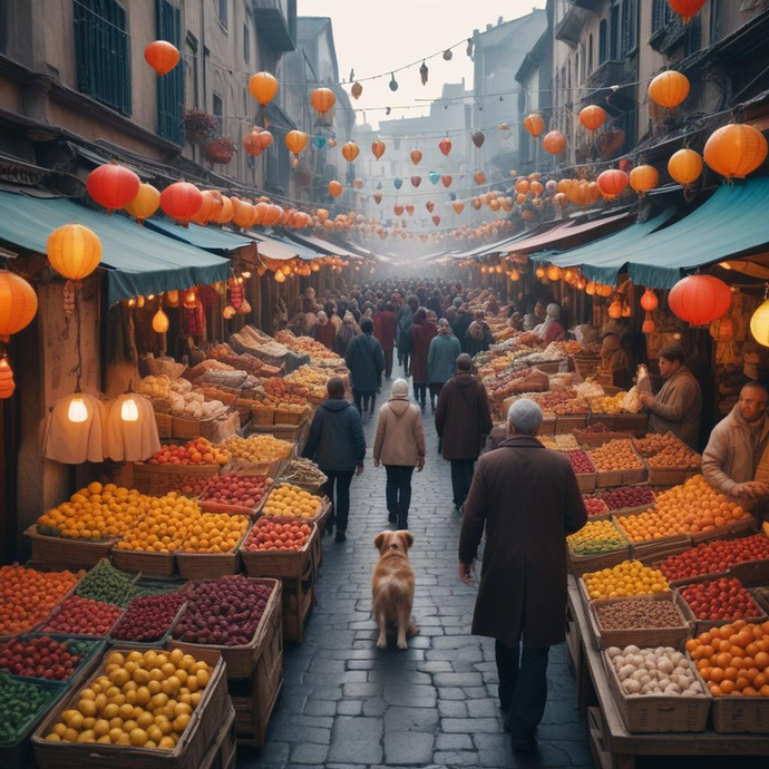 Golden Retriever Steals the Show in Bustling Market Street