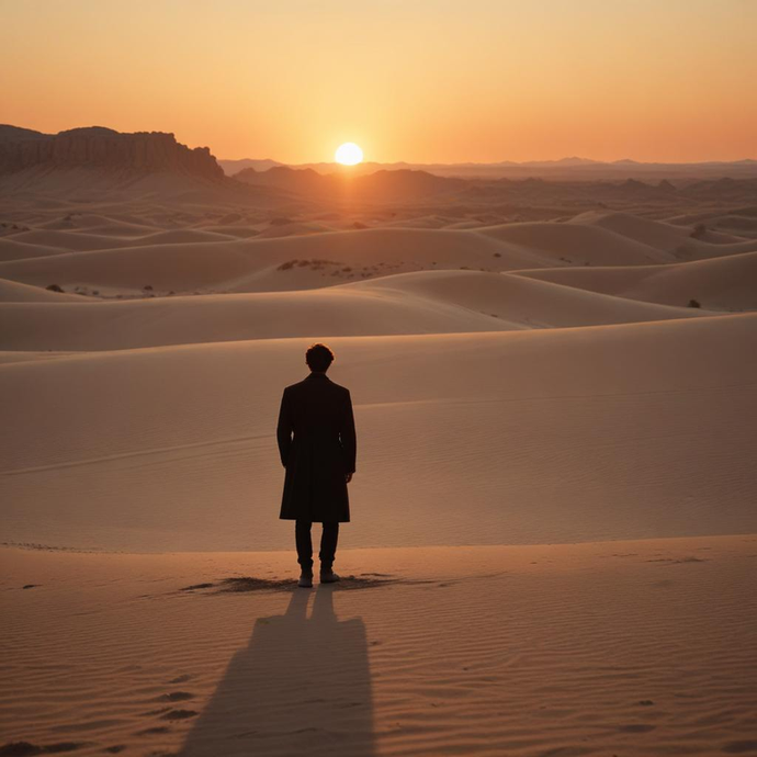 Silhouetted in Solitude: A Figure Contemplates the Vast Desert