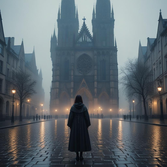 Lost in the Mist: A Solitary Figure Faces a Gothic Cathedral