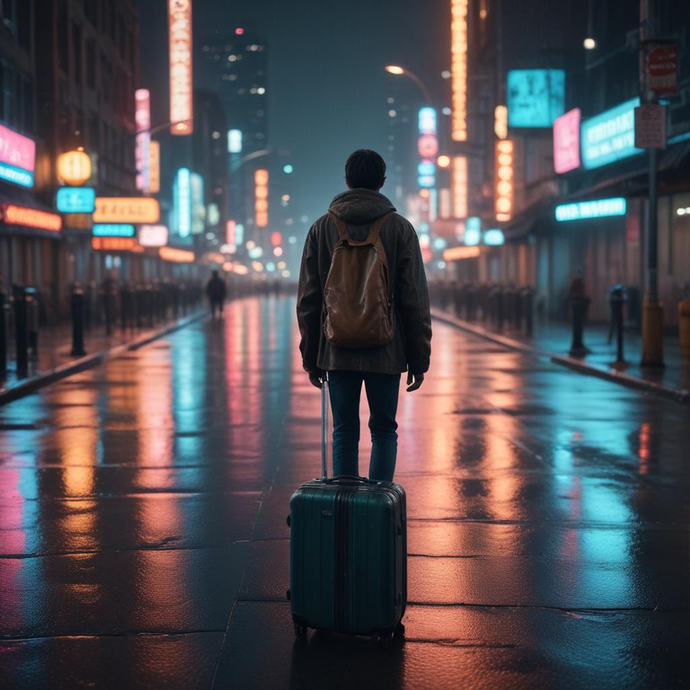 Lost in the Neon Glow: A Solitary Figure Walks the Wet City Streets