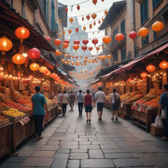 Vibrant Life in a Lantern-Lit Alley