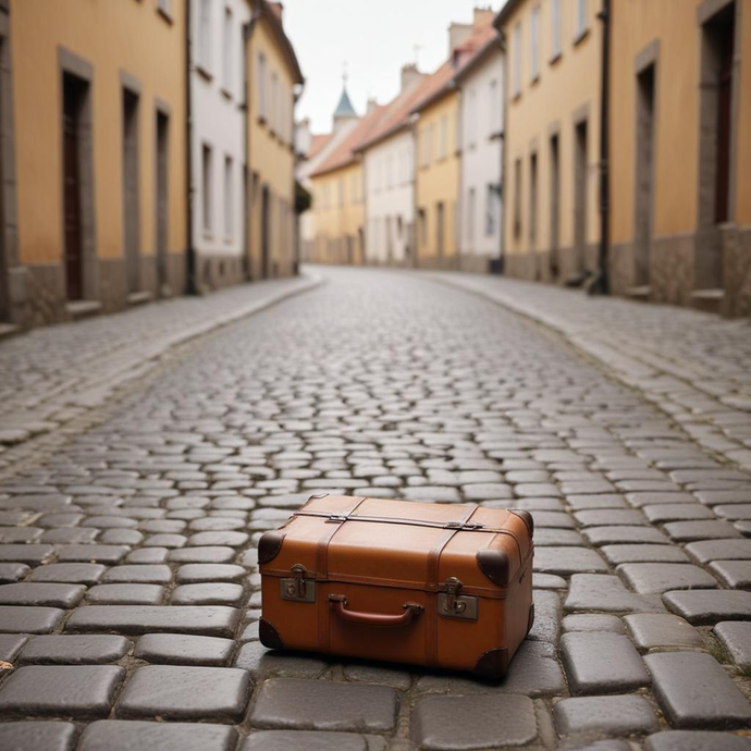 A Suitcase Full of Memories on a Cobblestone Street