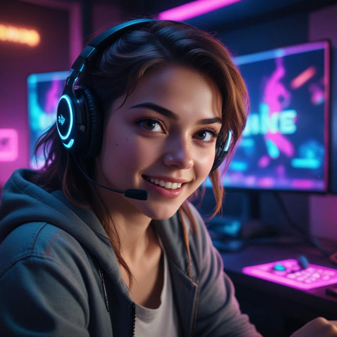 Gamer Girl Smiles Brightly, Ready to Conquer the Game