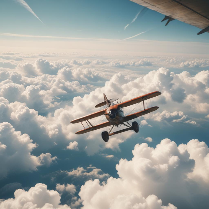 Vintage Biplane Soaring Through a Sea of Clouds