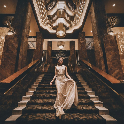 Mystery Unveiled: A Woman in a Flowing Dress on a Grand Staircase