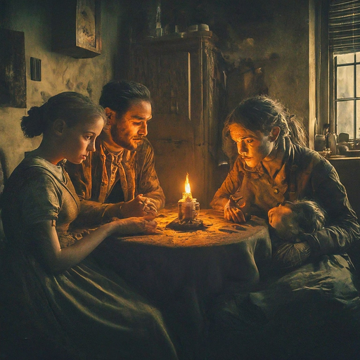 A Candlelit Gathering: Shadows and Secrets in a Rustic Kitchen