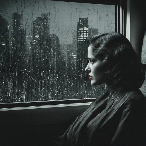 Melancholy in Monochrome: A Woman Gazes at the Rainy City