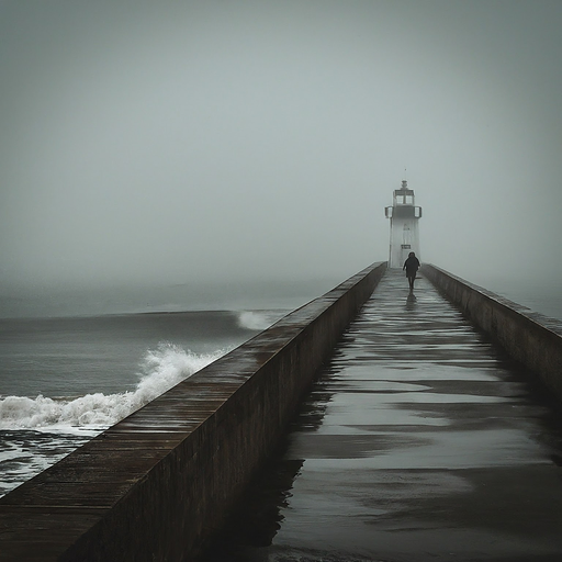 Lost in the Fog: A Solitary Figure Seeks the Lighthouse