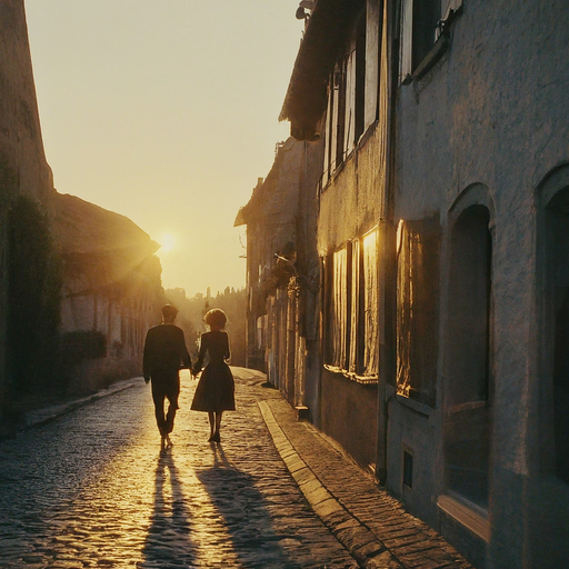 Sunset Stroll: A Romantic Moment in a European Town