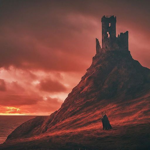 Silhouetted Against the Red Sky: A Lone Figure in a Desolate Landscape