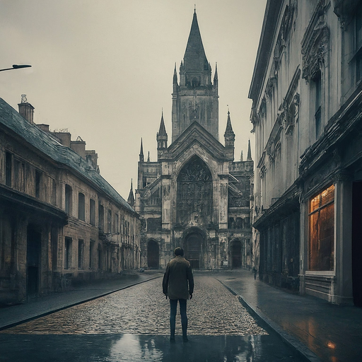 A Solitary Figure Walks Towards a Gothic Mystery