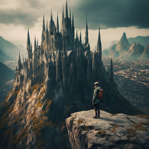 A Solitary Figure and a Majestic Castle in a Mystical Landscape