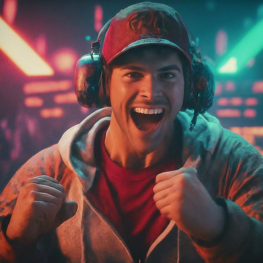 Neon Lights and Victory Cheers: Gamer Celebrates Triumph