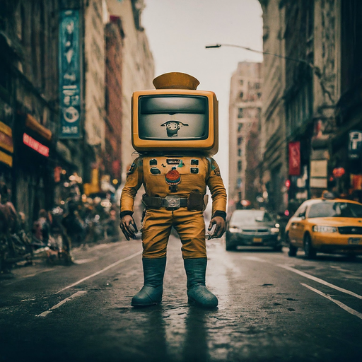 Retro-Futuristic Vision: A Television-Headed Figure Walks the City Streets