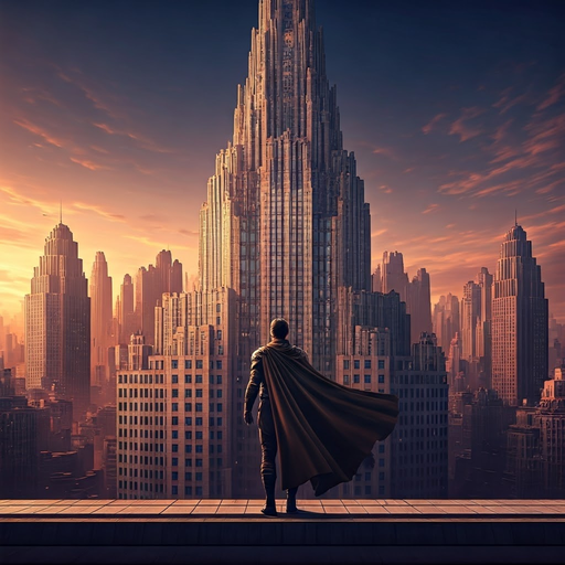 A Hero Stands Tall Against the Sunset Cityscape