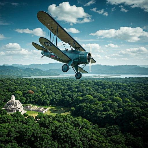 Timeless Journey: A Biplane Soars Over Ancient Ruins