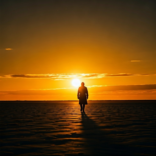 Silhouette of Solitude: A Figure Walks Towards the Setting Sun