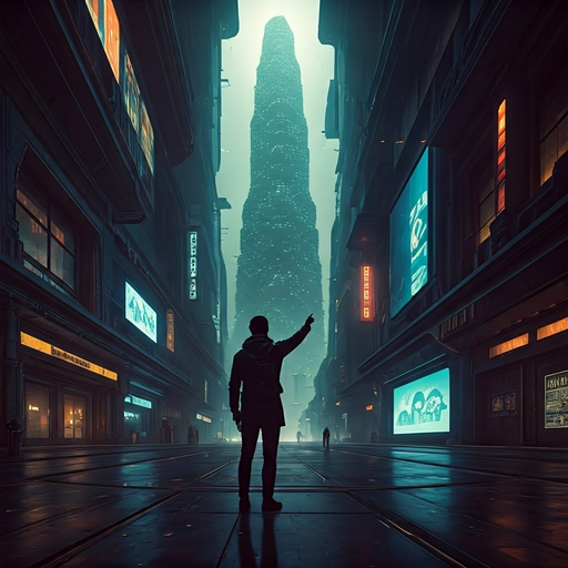 A Man Points to the Future in a Mysterious Cityscape