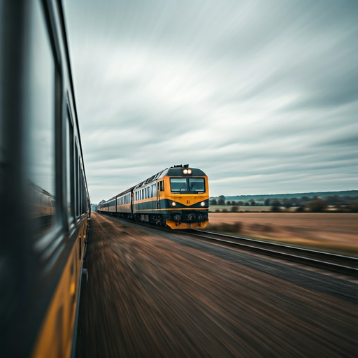 Blurred Motion, Melancholy Skies: A Train Races Through the Countryside