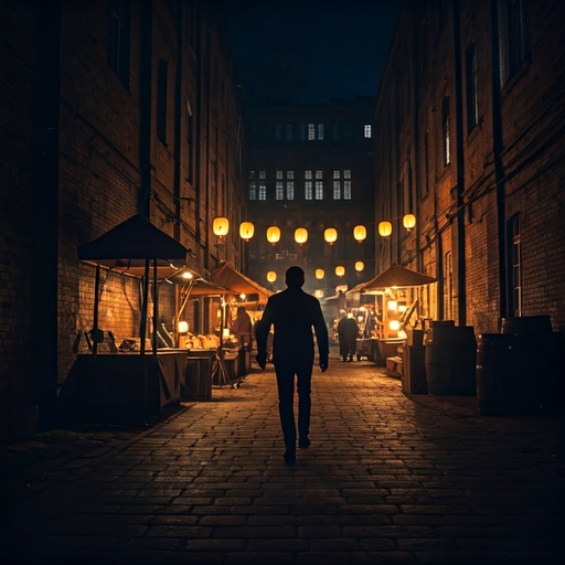 Lost in the Shadows: A Mysterious Figure Walks Through a Cobblestone Alley