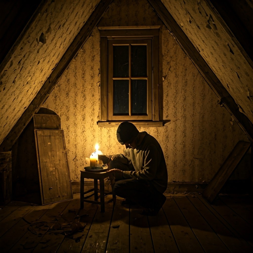 Shadows and Secrets: A Solitary Figure in a Dimly Lit Attic