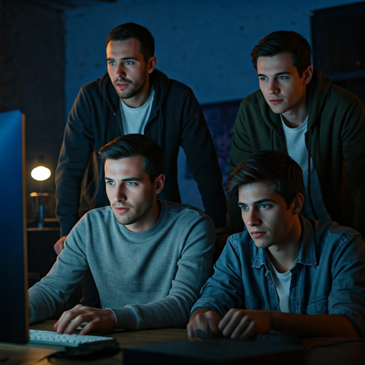 Intense Focus: Four Men Huddle Around a Computer Screen