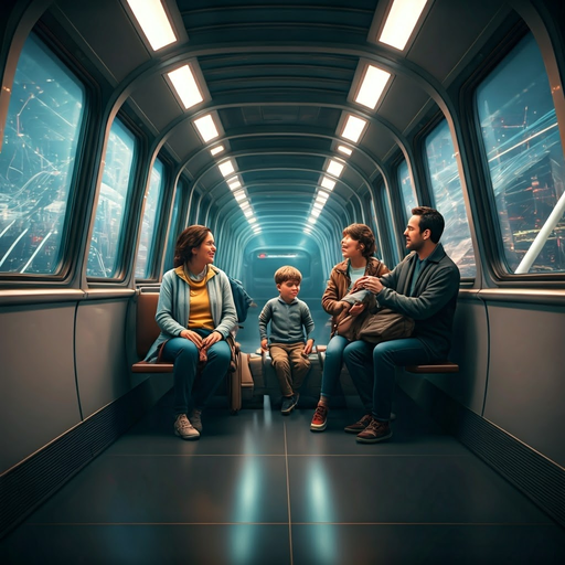 A Glimpse of Tomorrow: Family Embraces the Future on a Futuristic Train