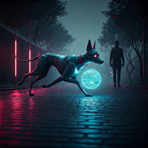 Neon Dreams: A Robotic Dog Runs Through a Foggy Alley