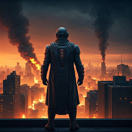 Silhouette of Despair: A Lone Figure Contemplates a Burning City