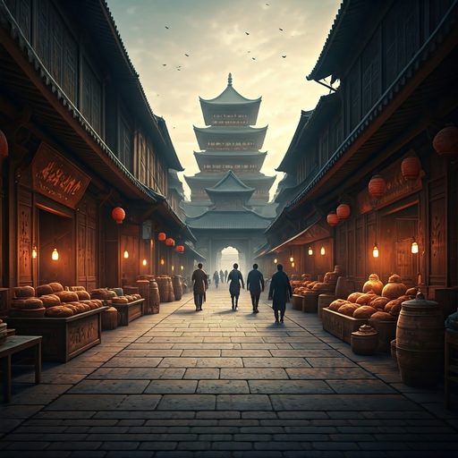 A Mystical Journey Through Time: A Narrow Cobblestone Street Leads to a Majestic Pagoda