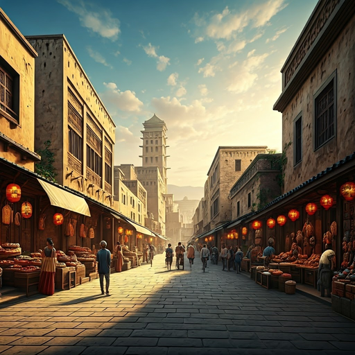 A Bustling Medieval Marketplace Bathed in Golden Sunset