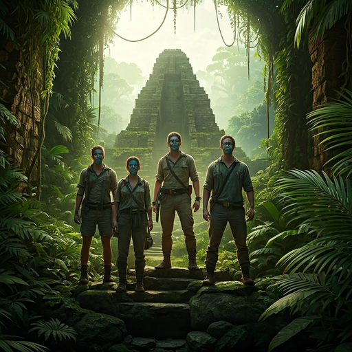 Blue-Faced Explorers Face the Ancient Pyramid