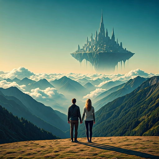 A Dreamy Escape: Couple Gazes at a Floating City in the Clouds