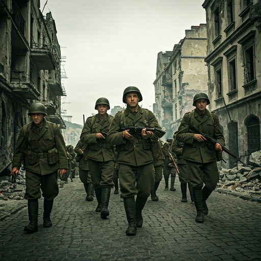 Grim Determination: Soldiers March Through War-Torn City