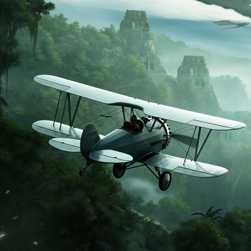 Lost in the Mist: A Biplane Soars Over Ancient Ruins