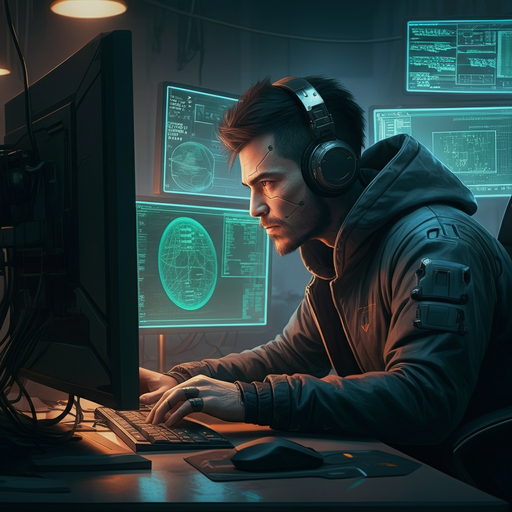 Cyberpunk Focus: A Man Lost in the Digital Labyrinth